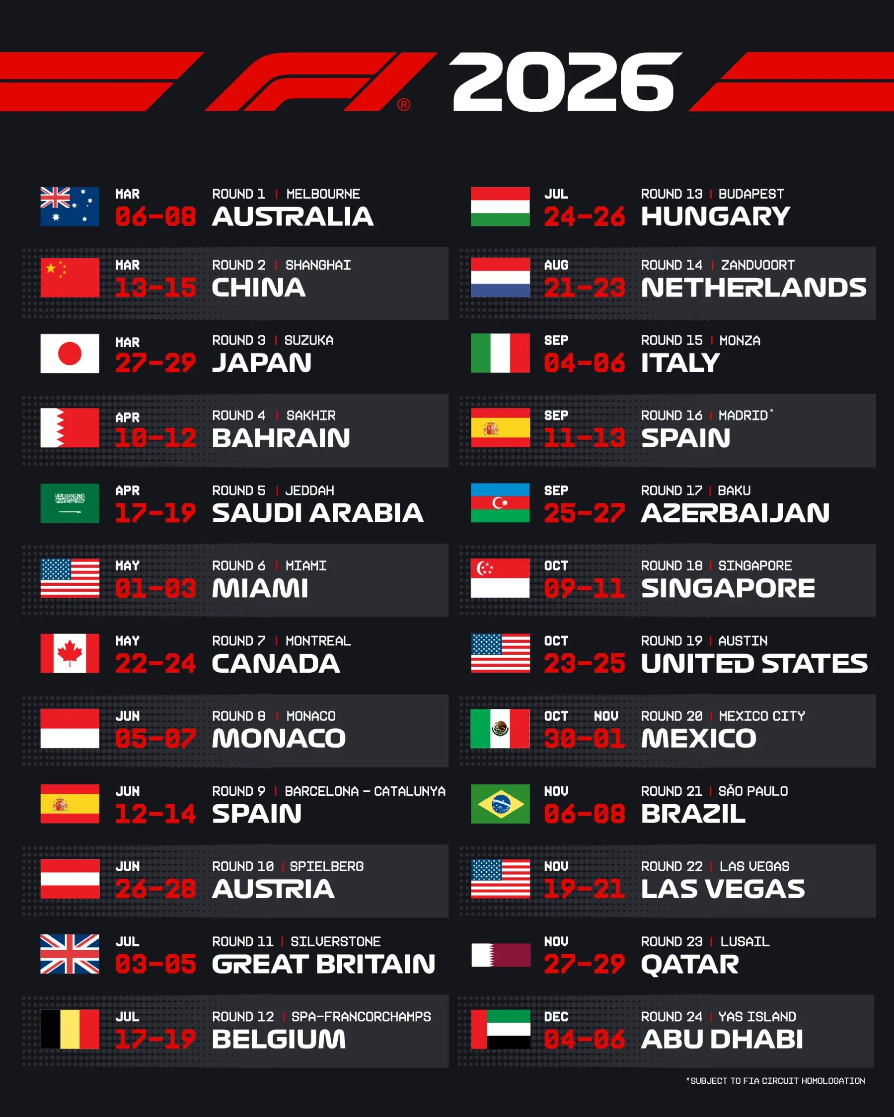 ตารางการแข่ง Formula 1 2026